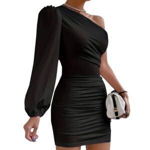One Shoulder Black Ruched Dress  Long Sleeve Bodycon Party Dress Size M New